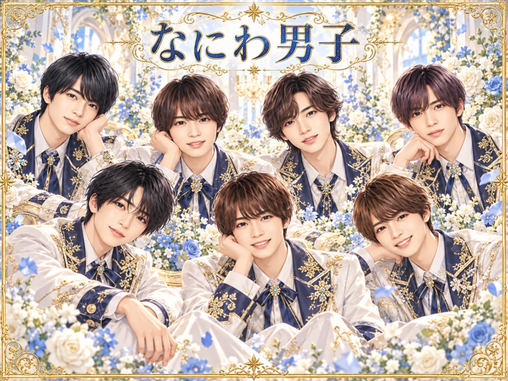 なにわ男子の非公式集合イラスト。白・紺・金の衣装と花の背景。