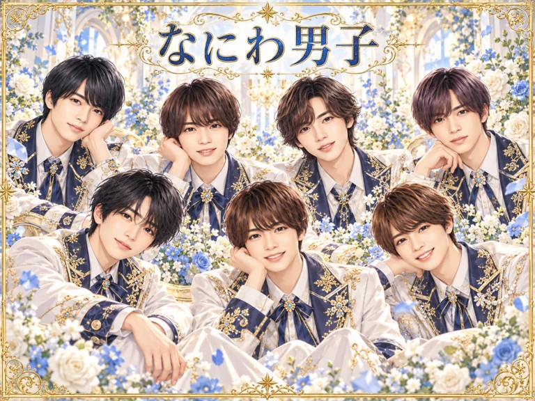 なにわ男子の非公式集合イラスト。白・紺・金の衣装と花の背景。
