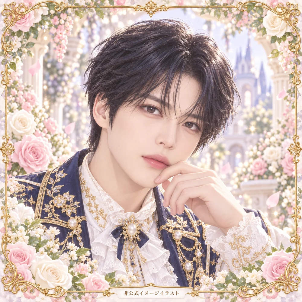 ジェジュンの非公式イメージイラスト。白・紺・金の衣装と花の装飾。