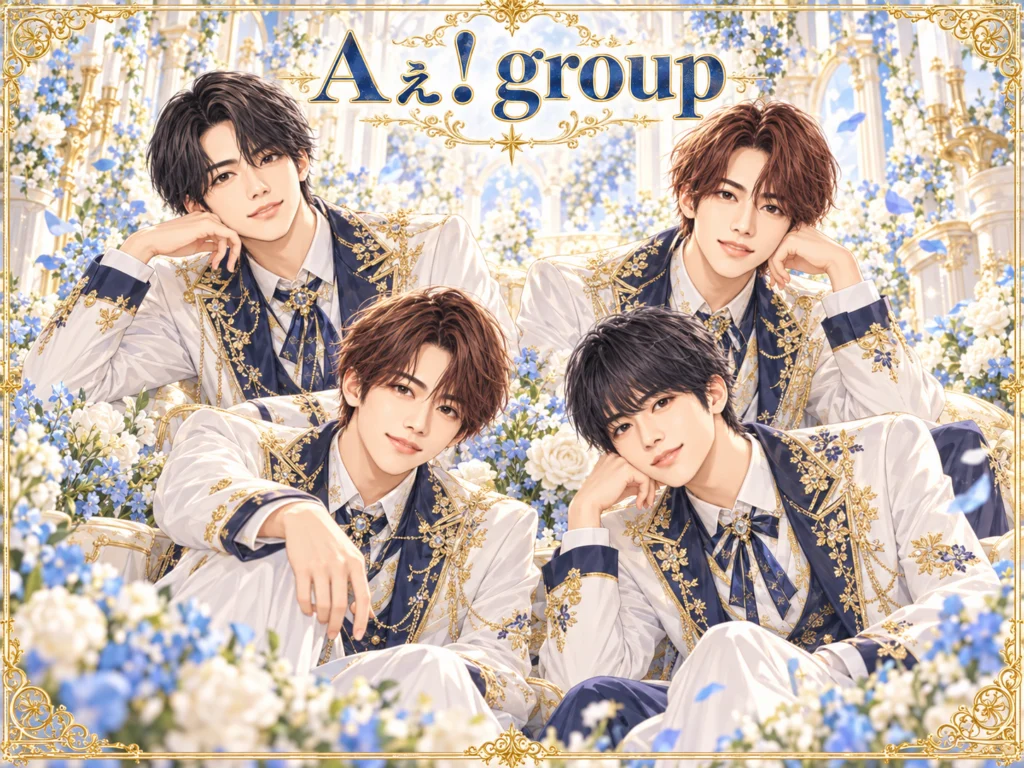 Aぇ! groupの非公式集合イラスト。白・紺・金の衣装と花の背景。
