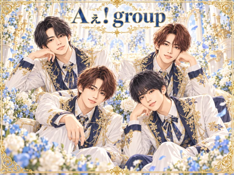 Aぇ! groupの非公式集合イラスト。白・紺・金の衣装と花の背景。