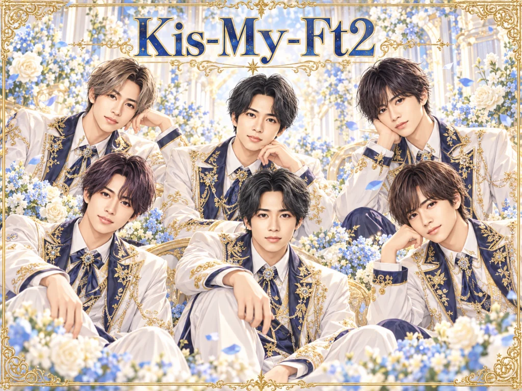Kis-My-Ft2の非公式集合イラスト。白・紺・金の衣装と花の背景。