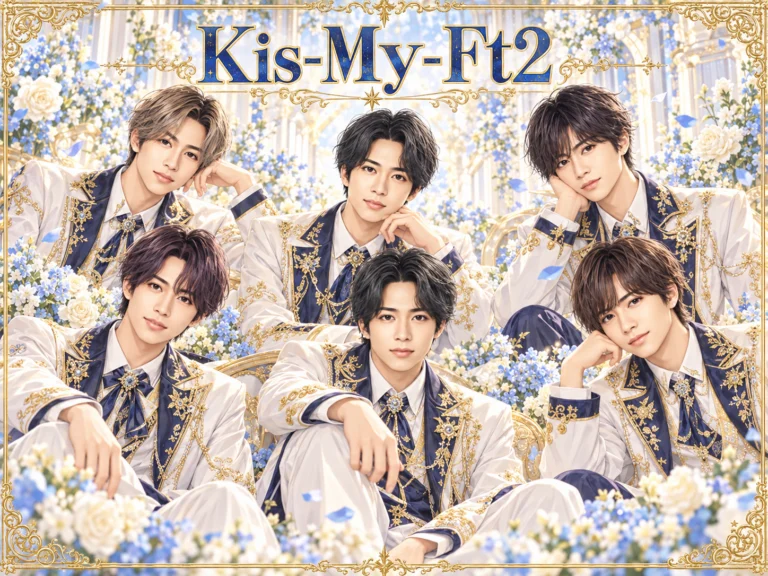 Kis-My-Ft2の非公式集合イラスト。白・紺・金の衣装と花の背景。