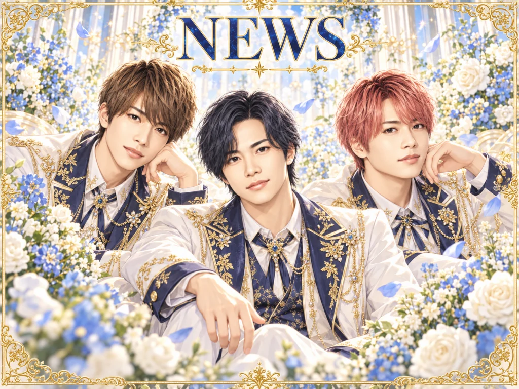 NEWSの非公式集合イラスト。白・紺・金の衣装と花の背景。