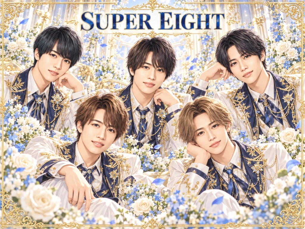 SUPER EIGHTの非公式集合イラスト。白・紺・金の衣装と花の背景。