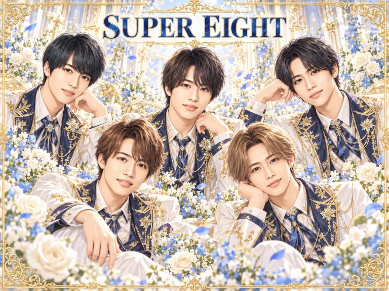 SUPER EIGHTの非公式集合イラスト。白・紺・金の衣装と花の背景。