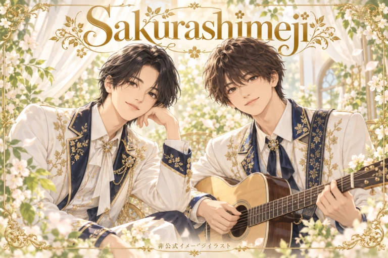 Sakurashimejiをイメージした2人とアコースティックギターの非公式アニメ風イラスト