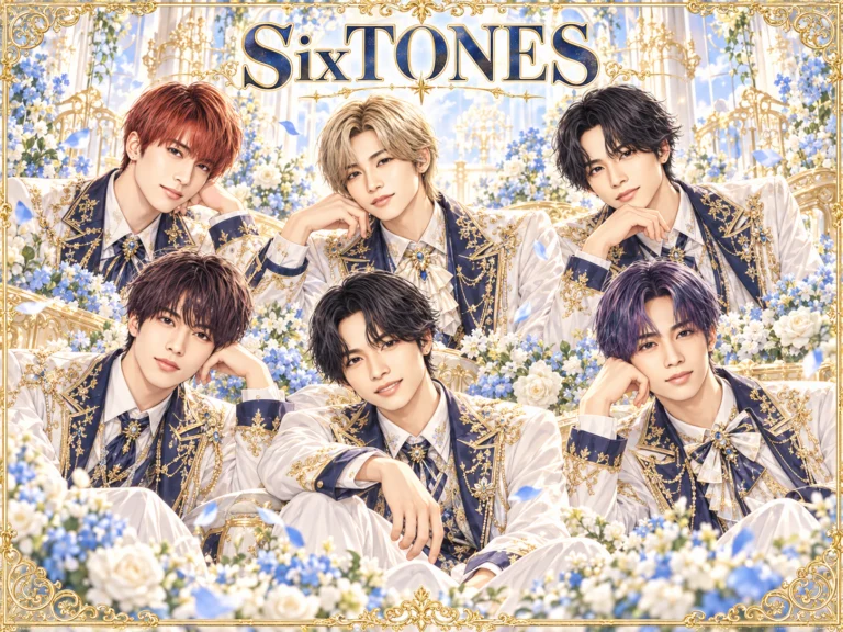 SixTONESの非公式集合イラスト。白・紺・金の衣装と花の背景。