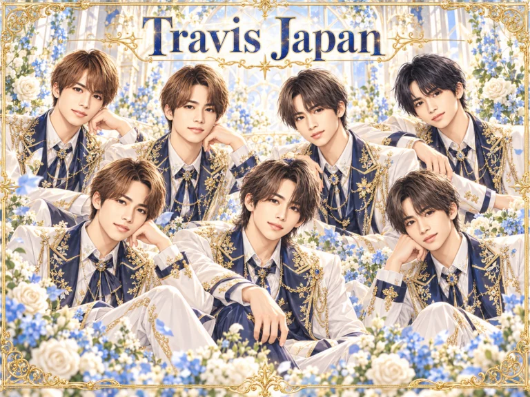 Travis Japanの非公式集合イラスト。白・紺・金の衣装と花の背景。