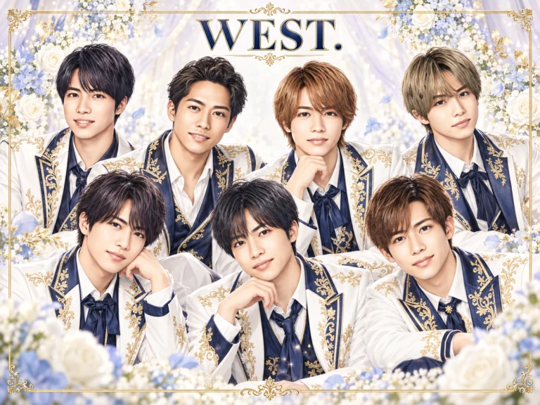 WEST.の非公式集合イラスト。白・紺・金の衣装と花の背景。