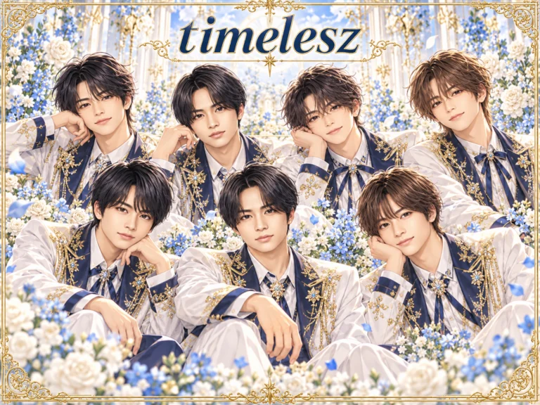 timeleszの非公式集合イラスト。白・紺・金の衣装と花の背景。