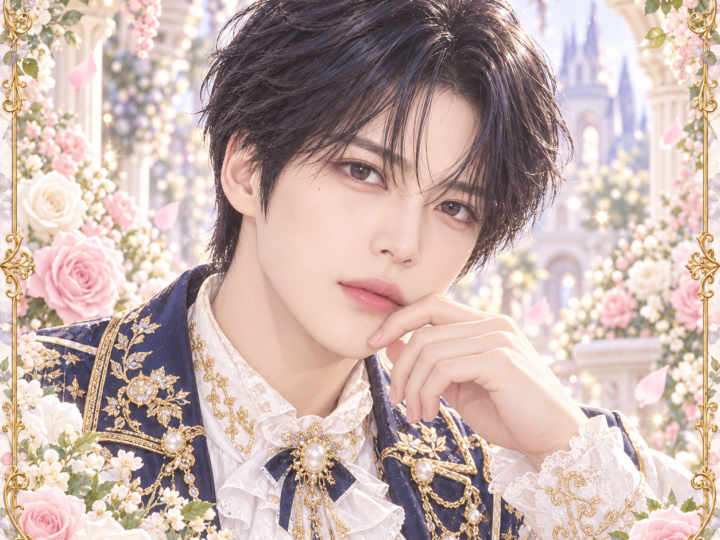 ジェジュンの非公式イメージイラスト。白・紺・金の衣装と花の装飾。