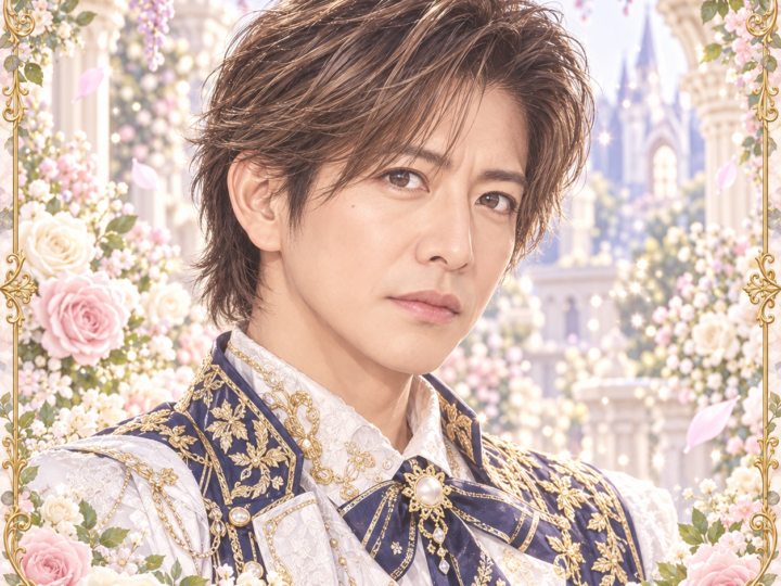 木村拓哉の非公式イメージイラスト。白・紺・金の衣装と花の装飾。