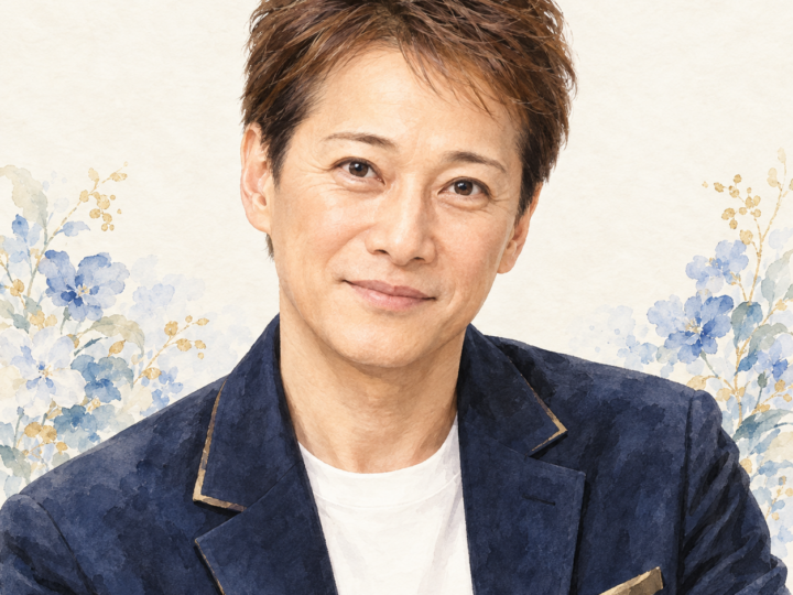中居正広をイメージした非公式イラスト。紺色のジャケットと白いシャツ姿に淡い青の花を添えた肖像。